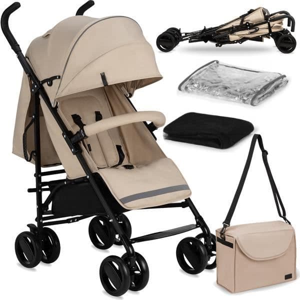 MoMi AKIRA - Super kompakt paraplyvagn - Lätt 6,7 kg - Från 6 månader till 15 kg - Tillbehörsset - Väska och korg - Beige