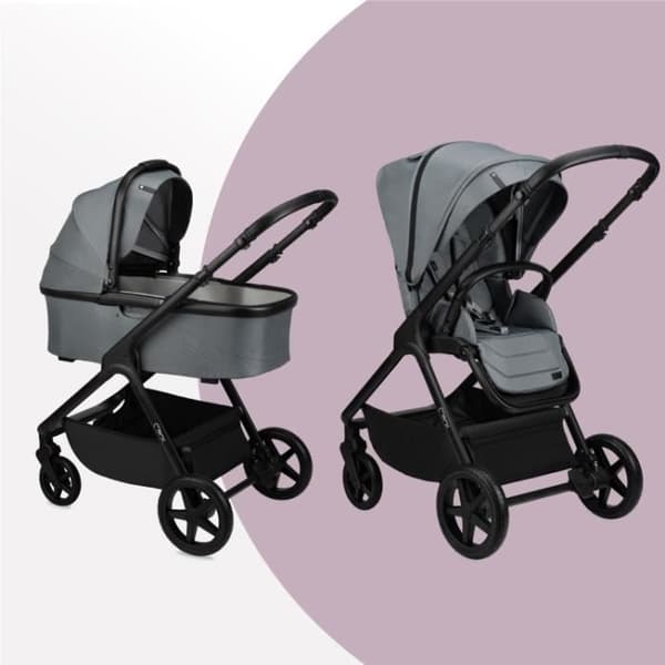 MoMi GISELLE Kombinerad 2-i-1 Barnvagn - Lättviktsbarnvagn och liggdel - Upp till 22 kg - Tillbehörsset och väska - Grå