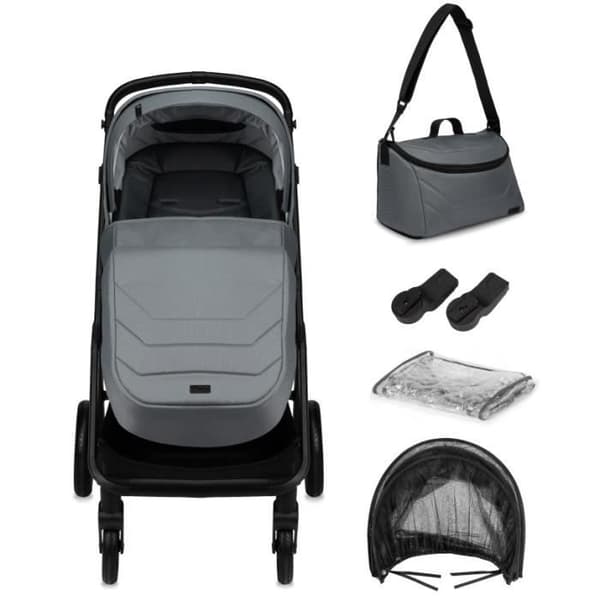 MoMi GISELLE Kombinerad 2-i-1 Barnvagn - Lättviktsbarnvagn och liggdel - Upp till 22 kg - Tillbehörsset och väska - Grå