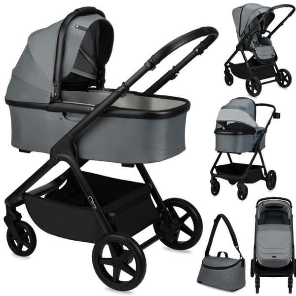 MoMi GISELLE Kombinerad 2-i-1 Barnvagn - Lättviktsbarnvagn och liggdel - Upp till 22 kg - Tillbehörsset och väska - Grå
