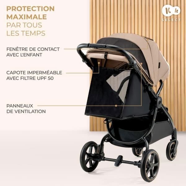 Käppvagn upp till 27 kg - KINDERKRAFT MITZY - Enhandsfällning - Stora dämpade hjul utan uppblåsning - Beige