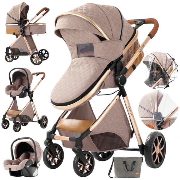 3 i 1 Barnevogn, Sammenklappeligt Design, CE Certificeret,V9-KHAKI