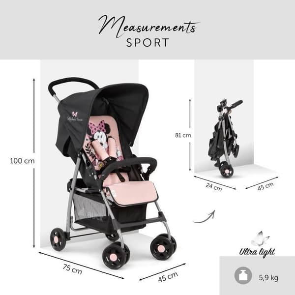 MINNIE Sportvagn upp till 18 kg, Liggläge, Lättvikt 5,9 kg, hopfällbar och kompakt - rosa