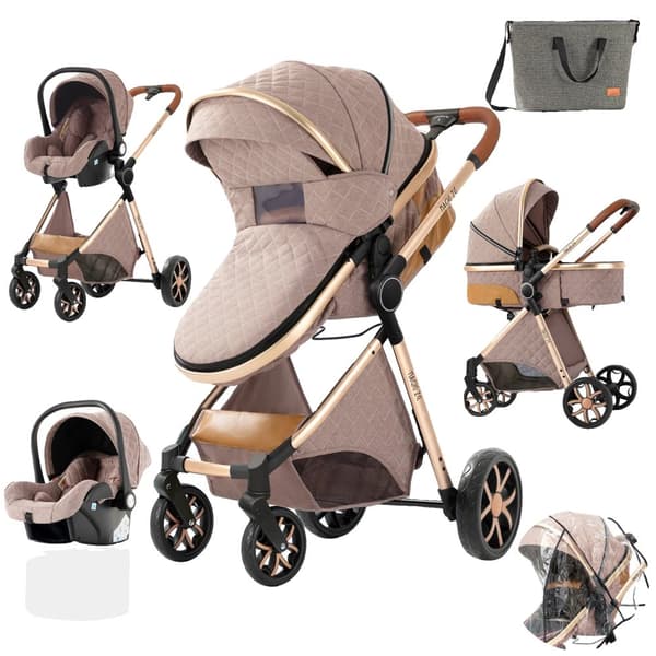 Lyxig Barnvagn, Fällbar Design, 3-i-1 System,XV9-KHAKI