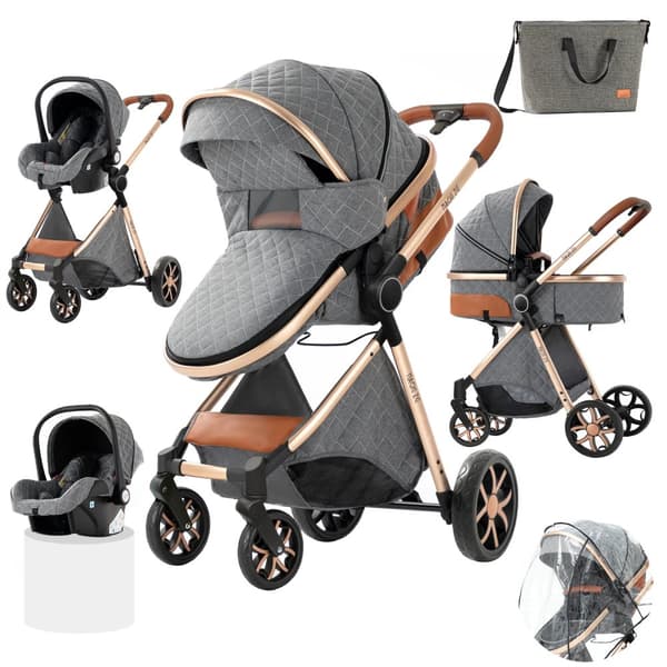 Luksus Babyvogn, Sammenklappeligt Design, 3-i-1 System,XV9-GRÅ
