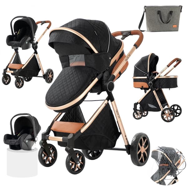 Luksus Babyvogn, Sammenklappeligt Design, 3-i-1 System,XV9-SVARTGULD
