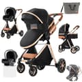 Miniatyrbillede 1 af 2: Luksus Babyvogn, Sammenklappeligt Design, 3-i-1 System,XV9-SVARTGULD
