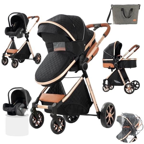 Luksus Babyvogn, Sammenklappeligt Design, 3-i-1 System,XV9-SVARTGULD