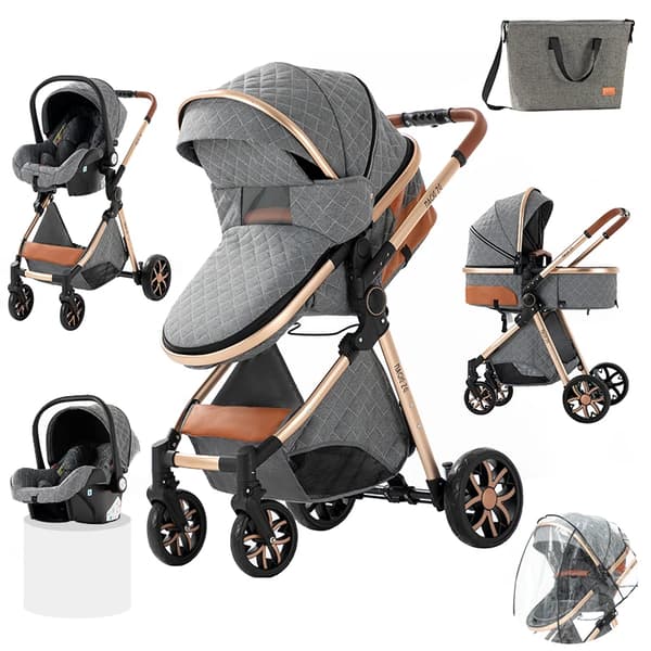 Barnvagn, 3-i-1-design, portabel och hopfällbar, V9-GREY