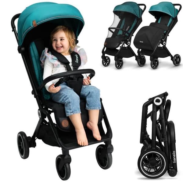 LIONELO Cloe kompakt barnvagn - Upp till 22 Kg - Lätt & hopfällbart system - Stora hjul - Grön