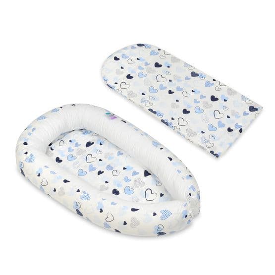 Babynest - Blå hjerter med hvid indeni
