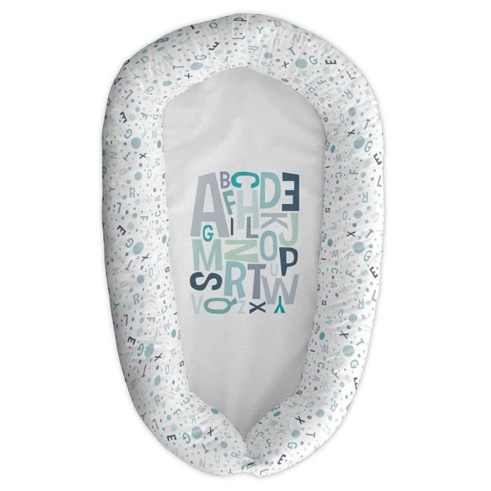 TANUKI - ALPHABET bassinet kudde 48x90 cm - Airballon - Vändbart och avtagbart överdrag - 100% bomull - Blå