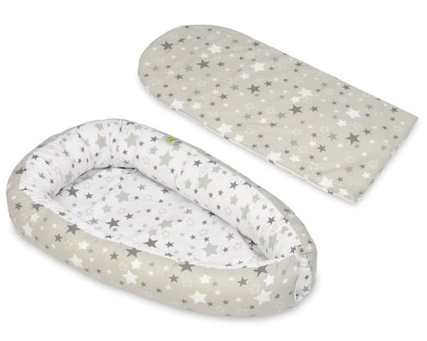 Babynest - vauvanpesä - 0-8kk - 100% puuvillaa - 82x54cm - valkoinen/harmaa tähdet harmaalla - valkoinen/harmaa tähdet valkoisella