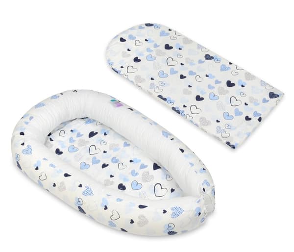 Babynest - babynest - 0-8 månader - 100% bomull - 82x54cm - blå hjärtan - vit