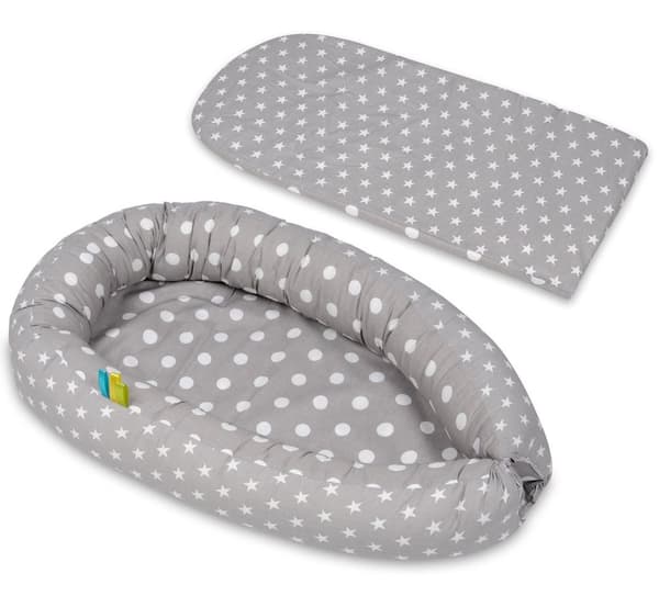 Babynest - babynest - 0-8 måneder - 100% bomuld - 82x54cm - grå prikker på grå - hvide stjerner - grå
