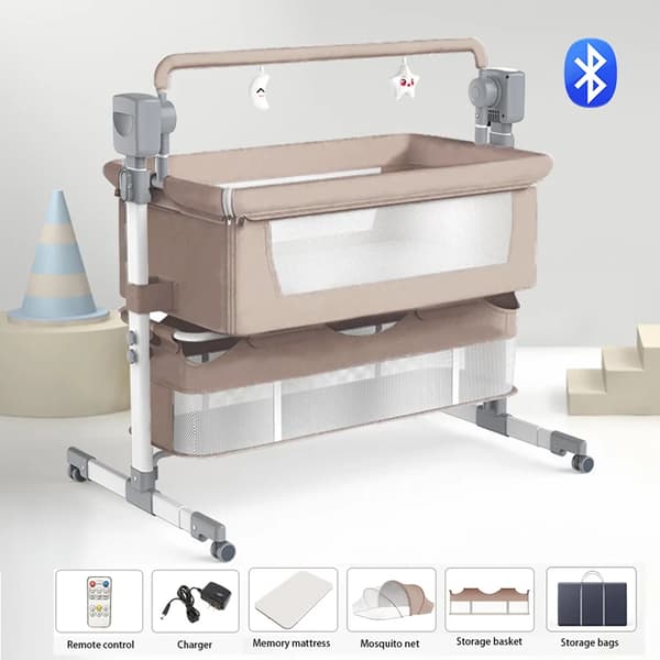Spjälsäng för baby, justerbara höjder, fjärrkontroll, solid material,BJJ-601-BEIGE