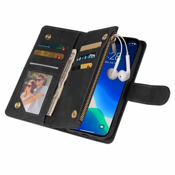 iPhone 12/12 Pro multifunktionel pungetaske lynlås 8-lomme Svart