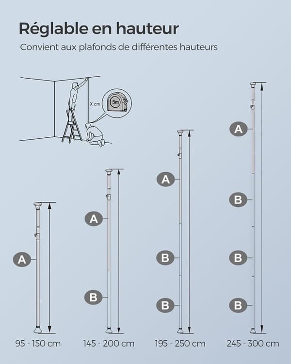 Bruser planchet-højde Justerbar-95-300 cm-støjfri stål-sølv sort
