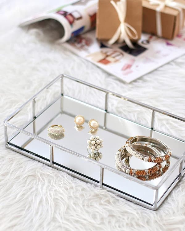 Spegel Vanity Tray-Vanity Tray för köksskåp i rektangeldesign för smycken, parfym, sminkorganisator | Dekorativ sminkfat i metall, silver