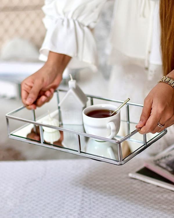 Spegel Vanity Tray-Vanity Tray för köksskåp i rektangeldesign för smycken, parfym, sminkorganisator | Dekorativ sminkfat i metall, silver