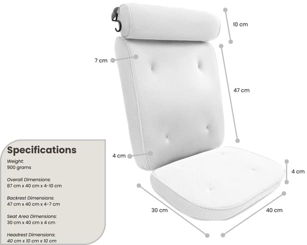 HelloBath® - Luksus badepude (aftagelig) - Pude til badekar - Nakke- og rygstøtte i badet - Badesæde - Inkl. vaskepose - Hvid