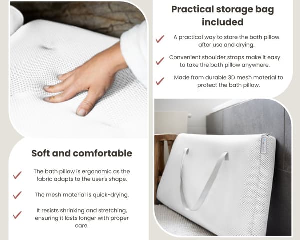 HelloBath® - Luksus badepude (aftagelig) - Pude til badekar - Nakke- og rygstøtte i badet - Badesæde - Inkl. vaskepose - Hvid