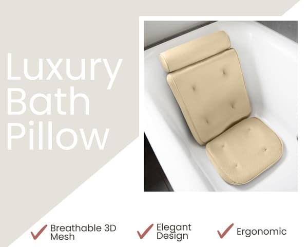 HelloBath® - Luksus badepude (aftagelig) - Pude til badekar - Nakke- og rygstøtte i badet - Badesæde - Inkl. vaskepose - Champagne