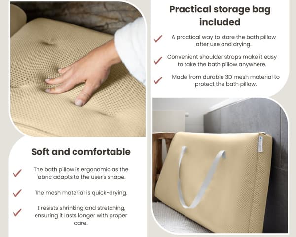 HelloBath® - Luksus badepude (aftagelig) - Pude til badekar - Nakke- og rygstøtte i badet - Badesæde - Inkl. vaskepose - Champagne