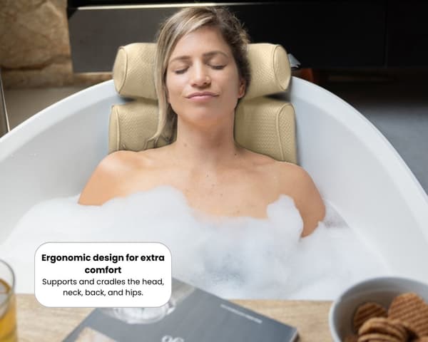 HelloBath® - Luksus badepude (aftagelig) - Pude til badekar - Nakke- og rygstøtte i badet - Badesæde - Inkl. vaskepose - Champagne