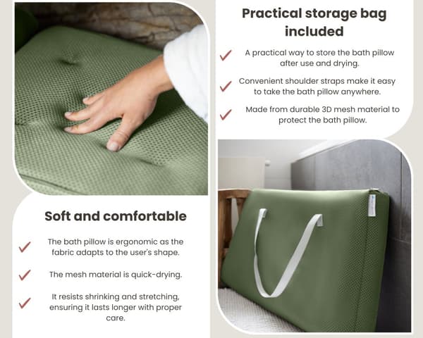 HelloBath® - Luksus badepude (aftagelig) - Pude til badekar - Nakke- og rygstøtte i badet - Badesæde - Inkl. vaskepose - Grøn