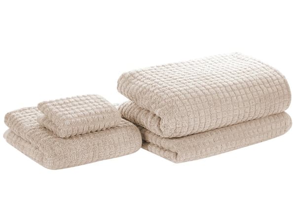 Handduk Set om 4 Beige Bomull Naturlig Snabbtorkande Maskintvätt