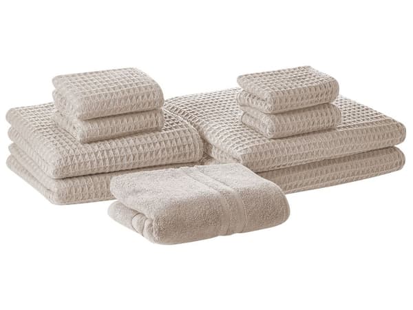 Sett med 9 håndklær Beige Bomull Gjestehåndkle Badehåndkle Håndhåndkle Badematte Luksuriøst Tekstil Baderom