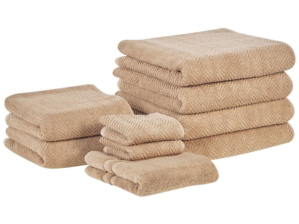 Sæt med 9 Håndklæder Beige Terry Bomuld Chevron Mønster Tekstur Badehåndklæder Gæstehåndklæder Håndklæder Bademåtte