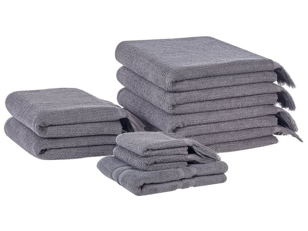 Sæt med 9 Badehåndklæder Grå bomuld Polyester Kvaster Tekstur Badehåndklæder
