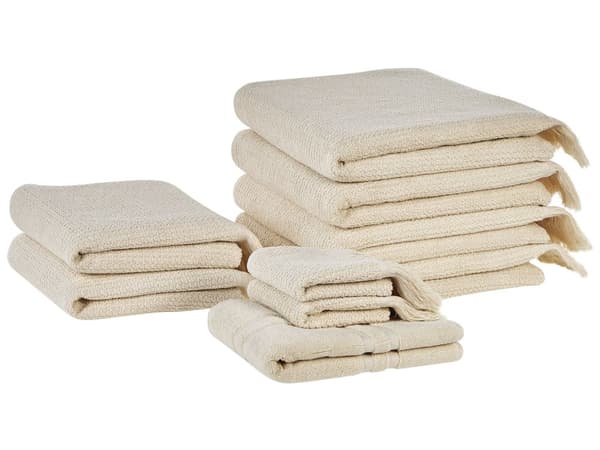 Sæt med 9 badehåndklæder Beige Bomuld Polyester kvaster Tekstur Badehåndklæder