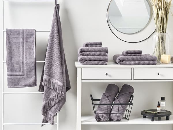 Set med 9 Badlakan Handdukar Grå Bomull Polyester 100 x 150 cm Tofsar Textur Badhanddukar