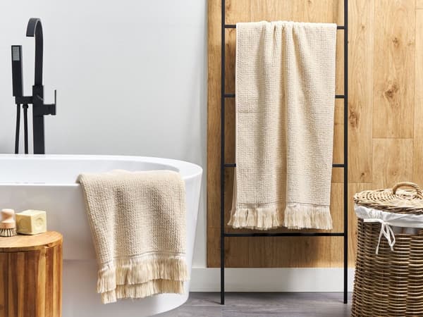 Set med 2 Badlakan Handdukar Beige Bomull Polyester 100 x 150 cm Tofsar Textur Badhanddukar