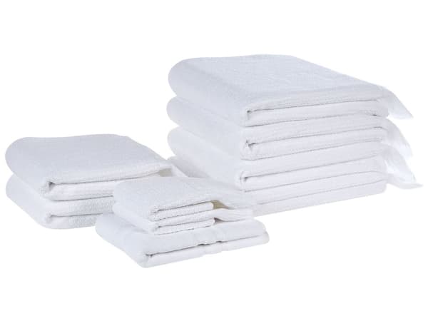 Set med 9 Badlakan Handdukar Vit Bomull Polyester 100 x 150 cm Tofsar Textur Badhanddukar