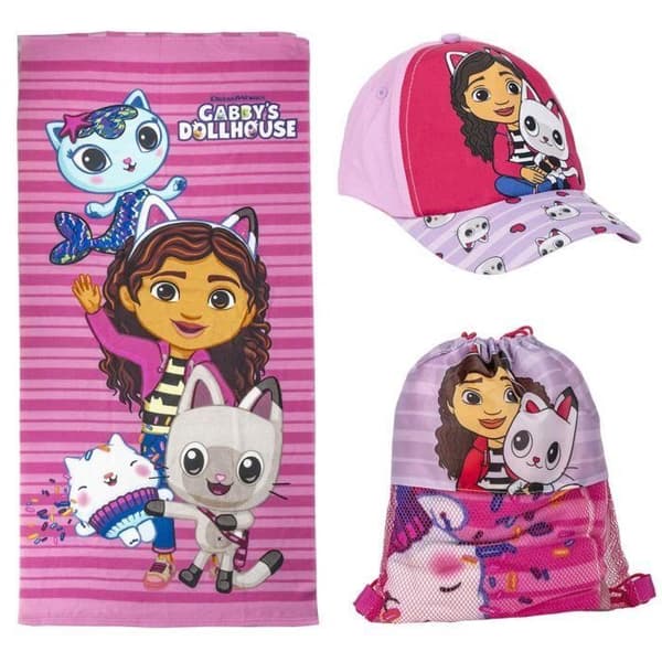 Strandset - Gabby's Dollhouse - Handduk, hatt och väska - Rosa - 70x140 cm - Tvättbar