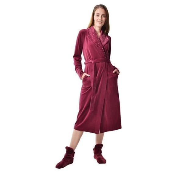 DeSen morgonrock dam Morgonrock Sammet Långa vinterbadrockar Mjuk mikrofiber Nattrock Vinröd L