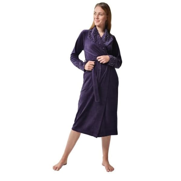 Peignoir Kvinna - DeSen - Mörklila - Mjuk Sammet - Huva - 4 Säsonger