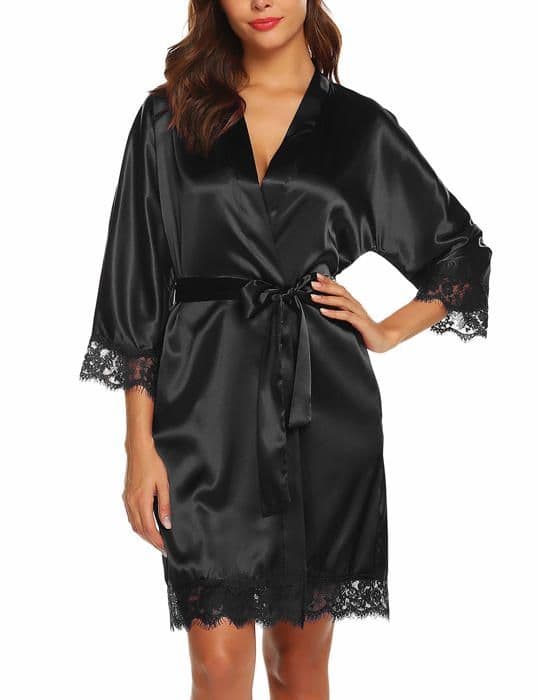 Besdel dam morgonrock i satin siden sned v-ringad kort kimono brudtärnarock