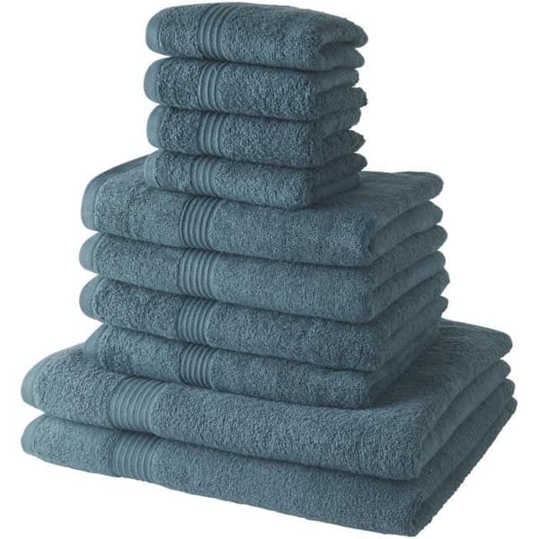 Sæt med 10 TODAY badehåndklæder inklusive 4 stk. 30x50 håndklæder + 4 stk. 50x90 håndklæder + 2 stk. 70x130 cm badelagner 100% bomuld - Peacock