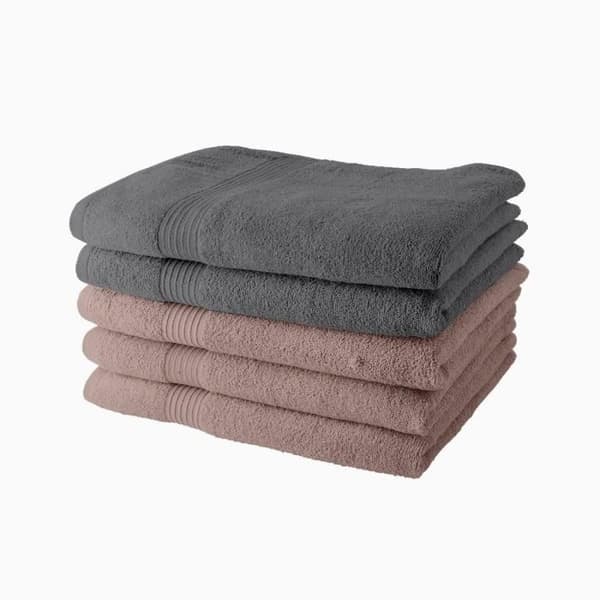 Sæt med 5 TODAY badehåndklæder 70x130 cm 100% bomuld - 3 sandrose + 2 stål