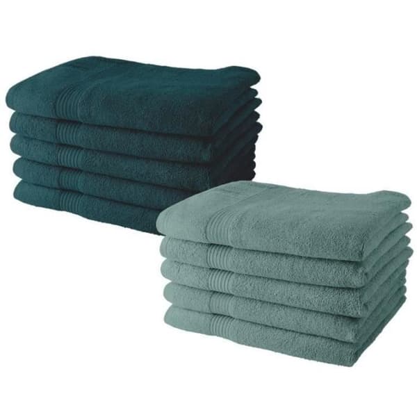 Pakke med 10 TODAY håndklæder 50x90 cm 100% bomuld - 5 påfugle + 5 celadon