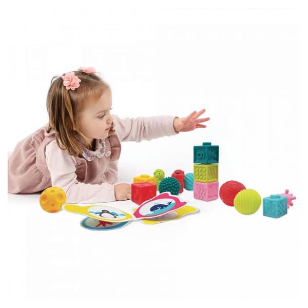 LUDI Early Learning Toy Box - Kuber, bollar, sprinkler och bok - Att väcka baby och utveckla motoriska färdigheter