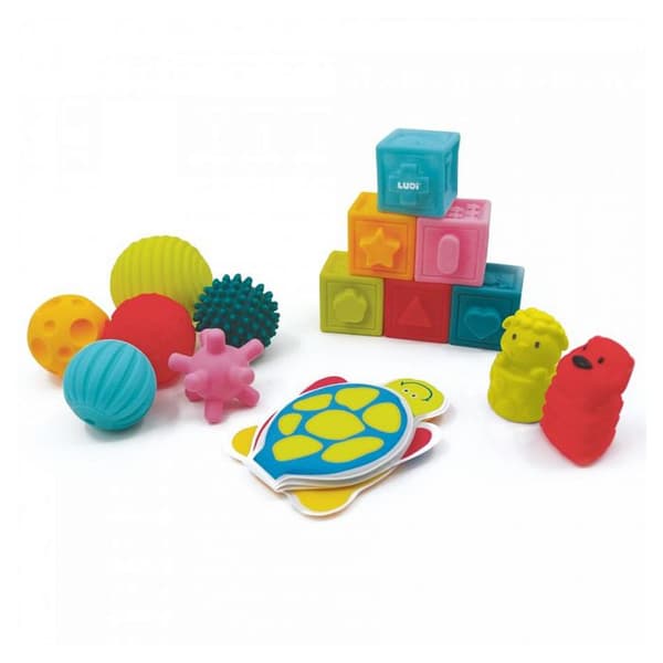 LUDI Early Learning Toy Box - Kuber, bollar, sprinkler och bok - Att väcka baby och utveckla motoriska färdigheter
