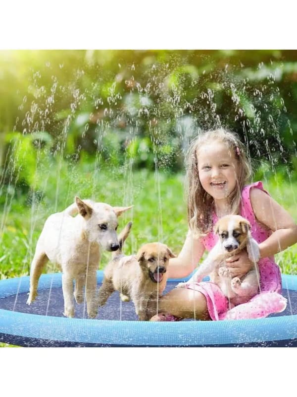 Hund Splash Vandmåtte, 150 cm Størrelse, Skridsikker Design, Indbygget Sprinkler,Diameter 150 cm