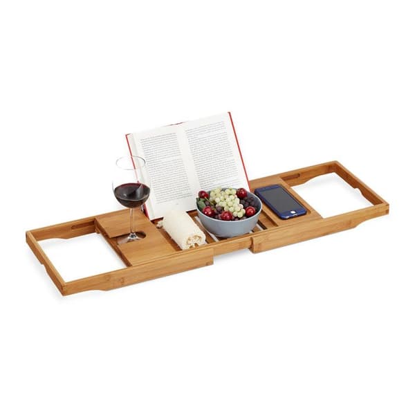 Relaxdays XL badkarshylla, med bokstöd &amp; för surfplatta, lyxig bricka, bambu, utdragbar 70-105 cm, natur