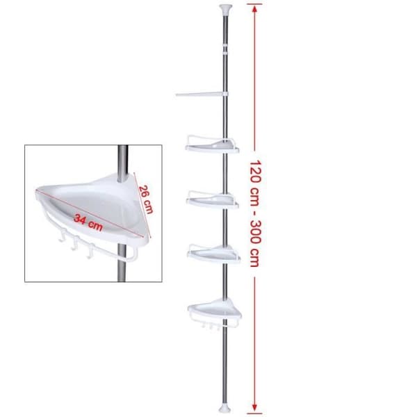120-300 cm teleskopisk hörnbadrumshylla med 4 hyllor och krokar